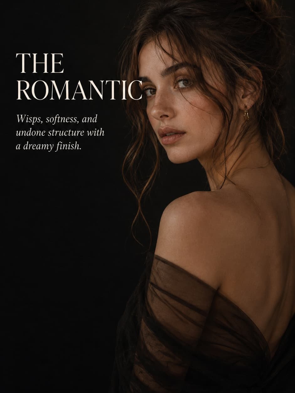 The Romantic: a soft, undone updo with loose wisps framing the face.