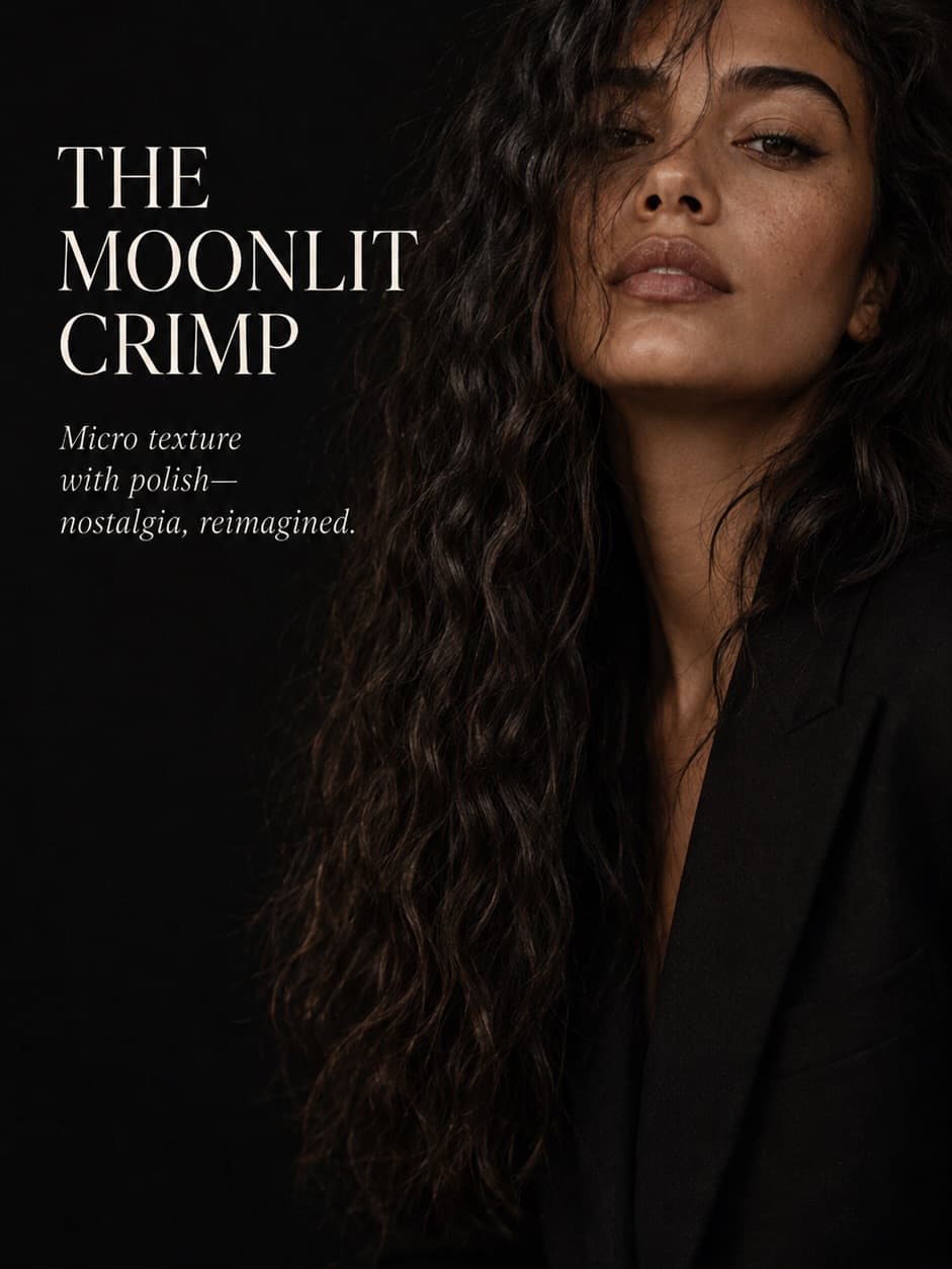 The Moonlit Crimp: long dark hair in fine, crimped micro texture.