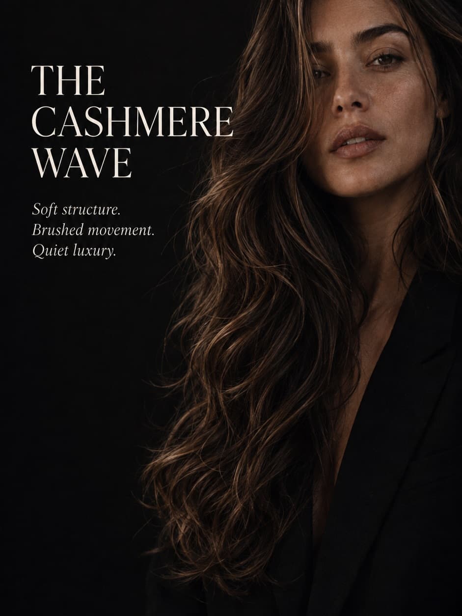 The Cashmere Wave: long brunette hair with caramel highlights in soft, brushed-out waves.
