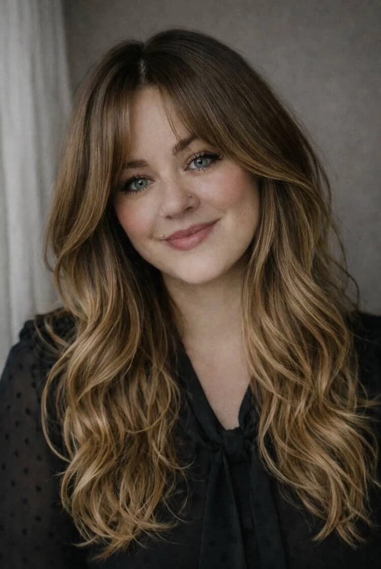 Stephanie Walsh with long balayage waves, against a soft grey backdrop
